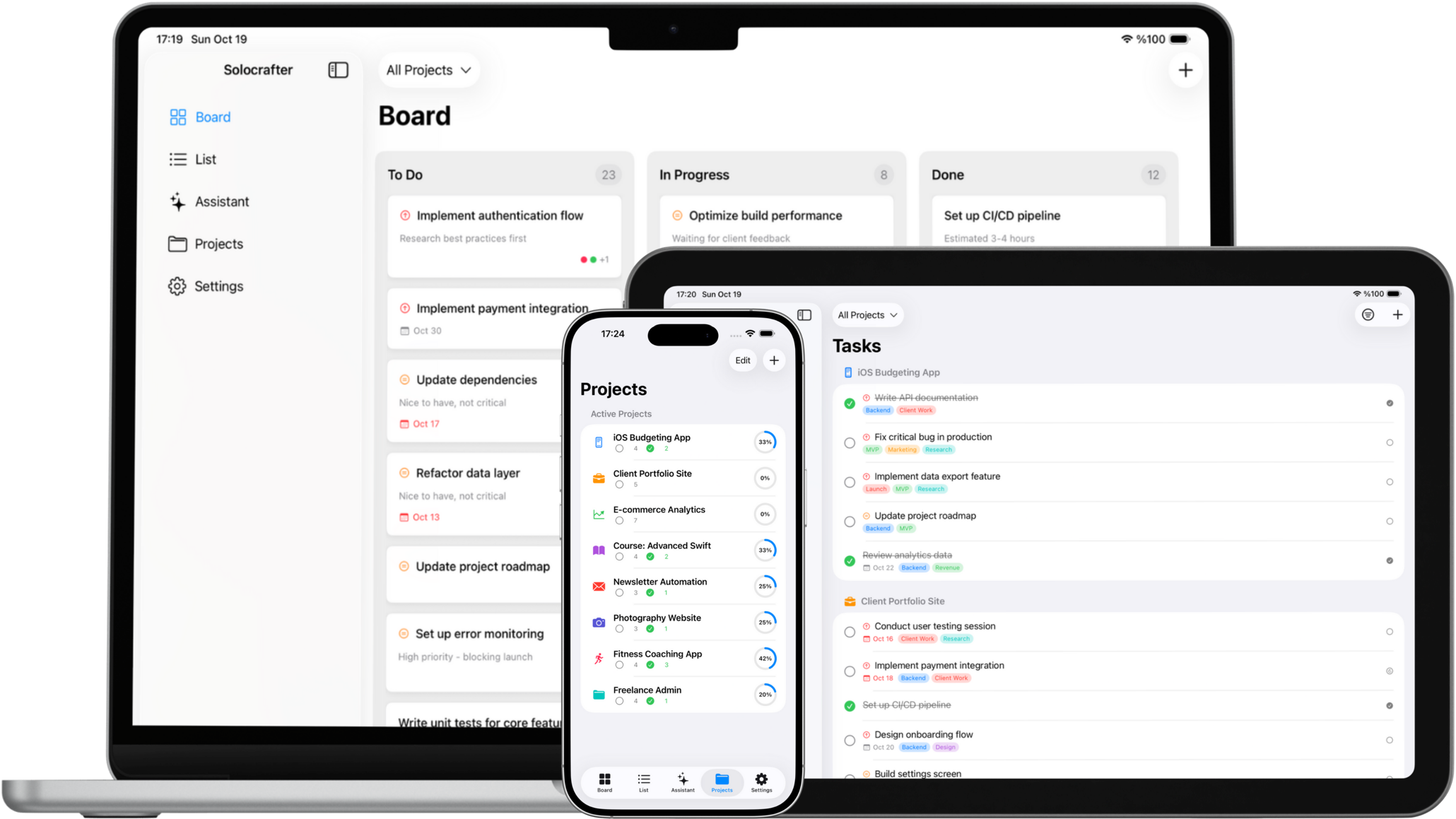 Solocrafter app interface showing task management on iPad and iPhone